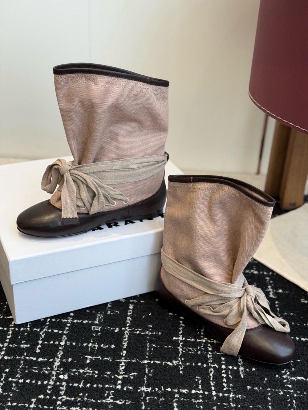 Isabel Marant Two-Tone Beige Canvas and Dark Brown Leather Ankle Wrap Boots - Picture 4 of 8